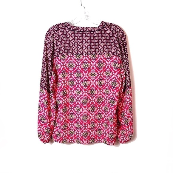 LOFT Long Sleeve Mixed Media Red Mosaic Print Long Sleeve V Neck Blouse - Picture 2 of 6